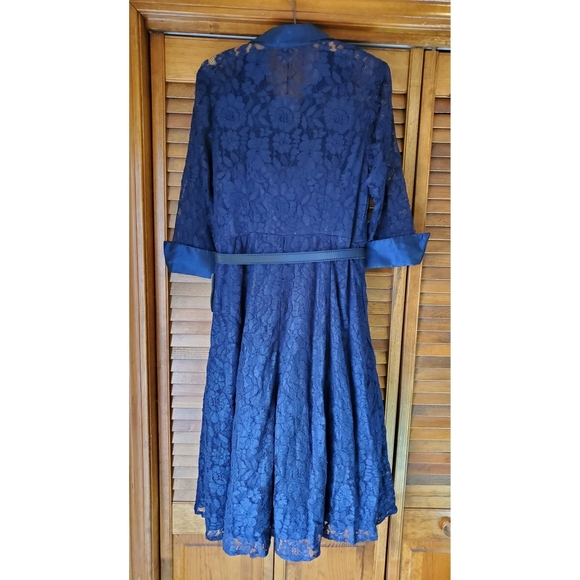 NWT Eliza J midi Navy lace collared sleeved formal cocktail dress Size 10 petite - Picture 2 of 5